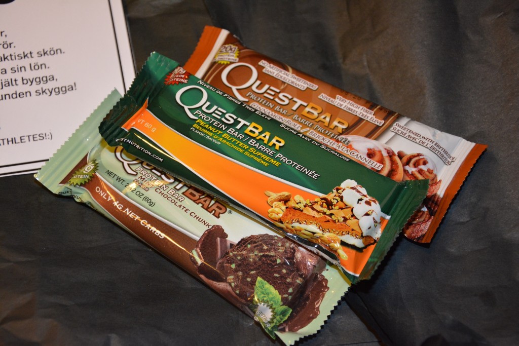 Questbars från Quest Nutrition - Questbar Cinnamon Roll, Questbar Peanut Butter Supreme, Questbar Mint Chocolate Chunk.