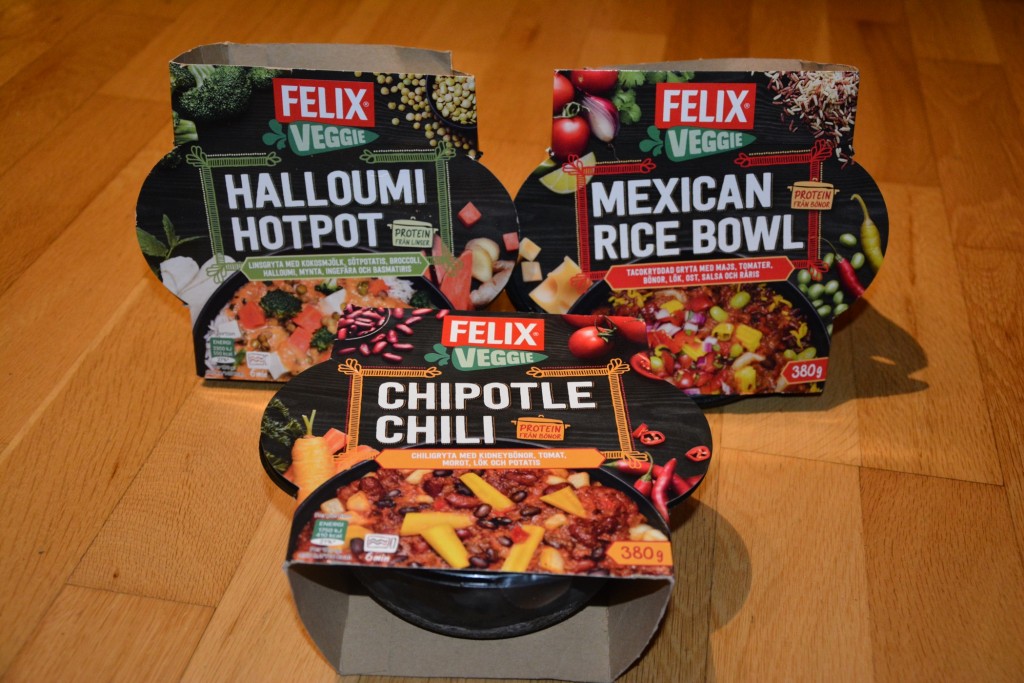 Felix Veggie-serien i smakerna Chipotle chili, Coconut bean curry, Halloumi Hotpot och Mexican Rice Bowl.