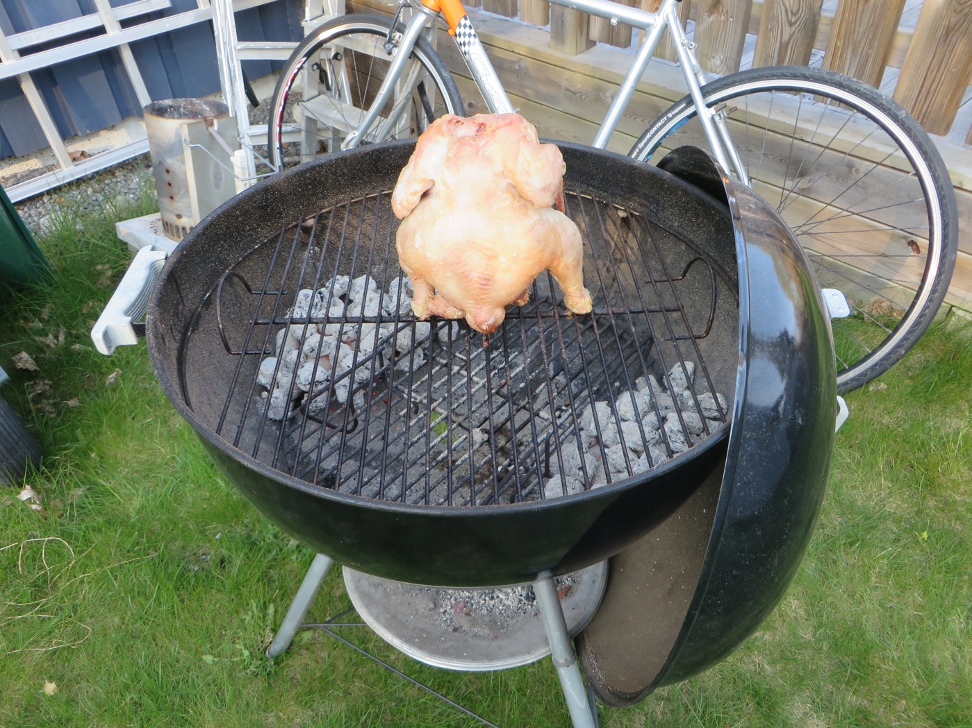Beer can chicken in the making.
