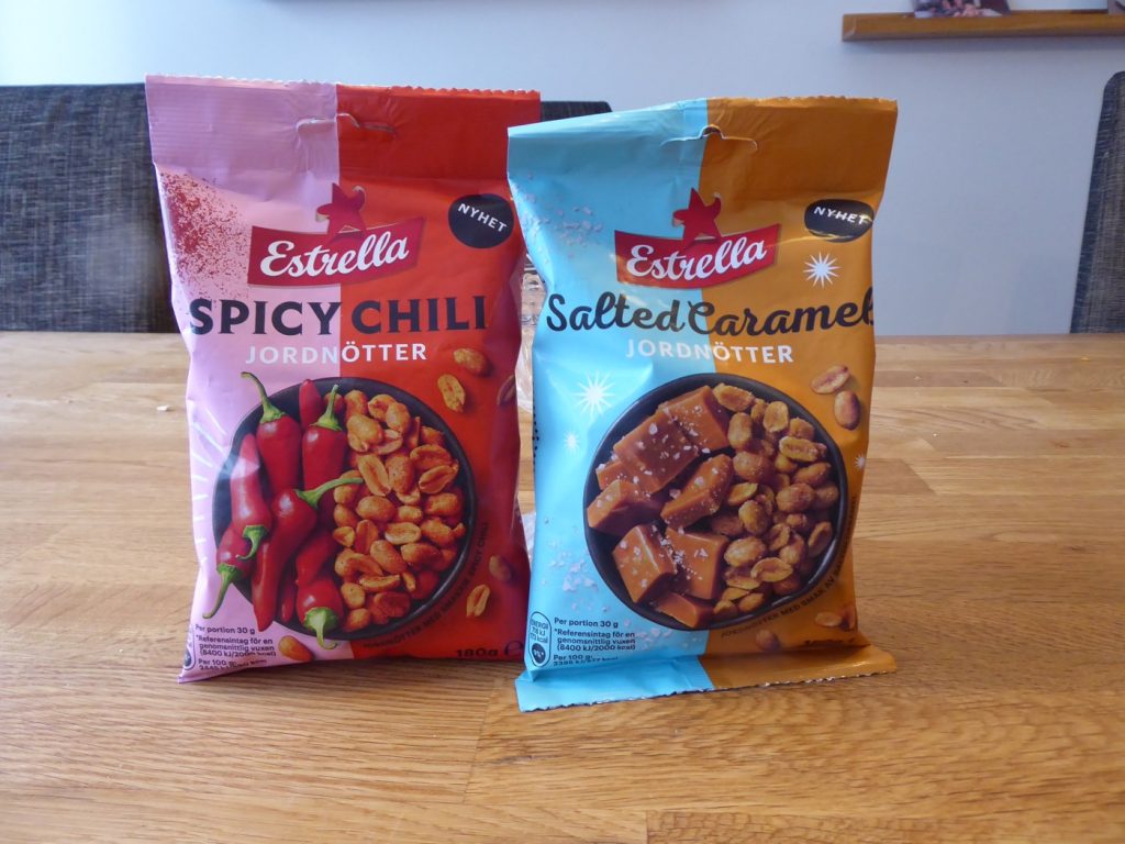 Estrella smaksatta jordnötter Spicy Chili och Salted Caramel